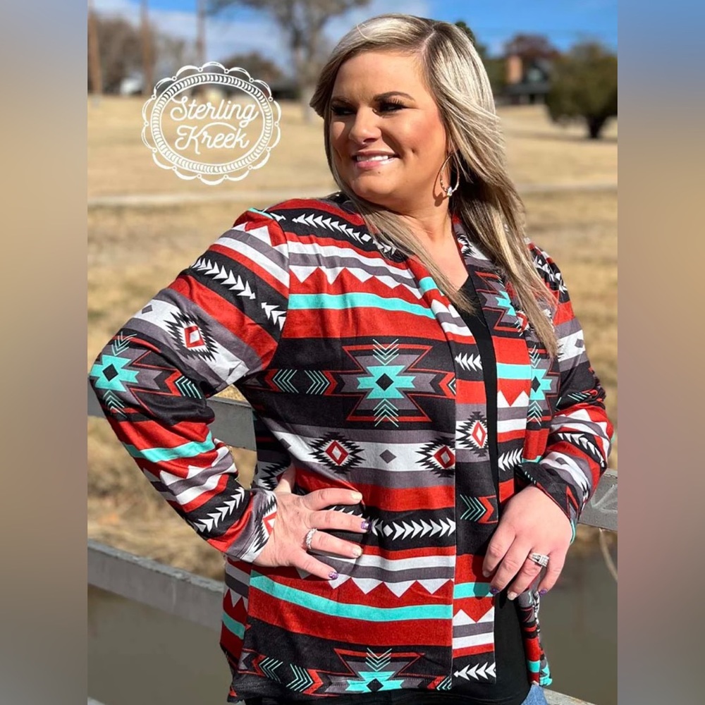 Aztec Print Open-Front Cardigan Sweater - Red Multi